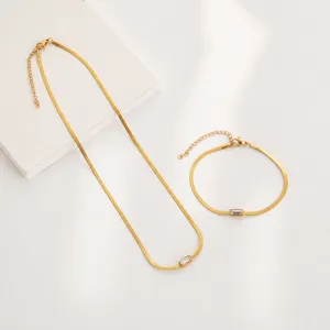 Collana e Bracciale Minimalista in Acciaio Inossidabile Placcato Oro 18K a Serpente Con Pendente in Strass Rettangolare Set Gioielli Donna