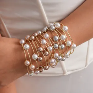 Pulsera Multihilo Retro De Cobre Chapado En Oro De 14K Con Perlas Artificiales Para Mujer Joya De Moda Hecha a Mano Elegante