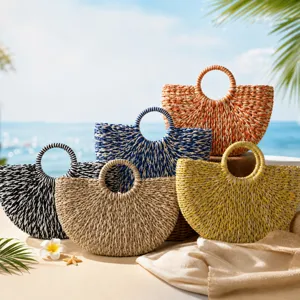 Women Handwoven Paper Rope Straw Bag Half Round Color Block Summer Beach Handbag Pastoral Style Casual Travel Tote Bag