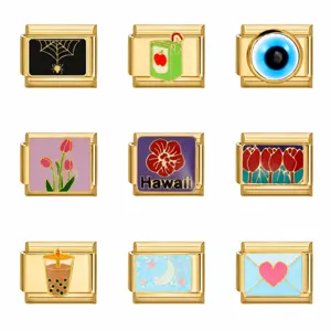 Stainless Steel Italian Charm Modules DIY Bracelet Links Enamel Flower Heart Food Geometric Metal Charms For Jewelry Making