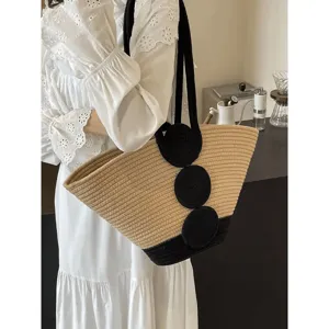 Borsa Tote in Paglia Intrecciata da Donna di Grande Capacità Borsa a Spalla Casual Color Block Con Manici in PU Decorazione ad Anello