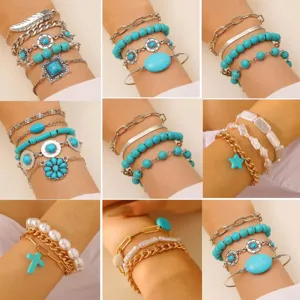 Bracelets Bohèmes Vintage Ethniques Turquoise Pour Femmes Alliage Argent Antique Géométrique Feuille Tournesol Charme Bijoux Main Cadeau