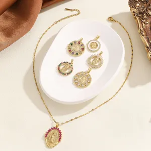 French Vintage Religious Relief Round Pendant Necklace For Women Gold Plated Copper Zirconia Stacking Thin Chain Jewelry Gift
