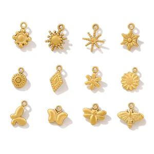 Pendentif Charme Papillon et Petite Fleur en Acier Inoxydable Plaque Or 18K Sous Vide Soleil Geometrique Suspendu Pour Accessoires de Fabrication de Bijoux DIY