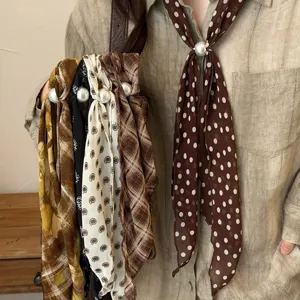 Women Vintage Chiffon Scarf Necklace Paisley Polka Dot Striped Print Neckerchief With Artificial Pearl Buckle Elegant Scarf