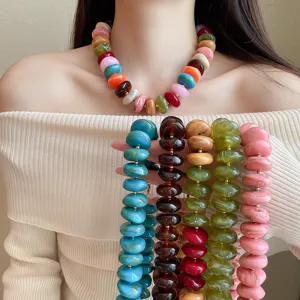 European American Acrylic Beaded Necklace Round Marble Smudge Design Clavicle Chain For Women Fashion Versatile Alloy Jewelry