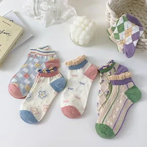 Women's Japanese Style Sweet Lace Cotton Socks Floral Gingham Rhombus Pattern Low Cut Boat Socks Comfortable Breathable Casual School Short Socks