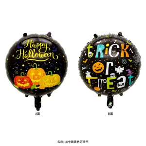 Ballon noir en aluminium avec motifs d’Halloween recto verso, citrouilles, chauves-souris et fantômes