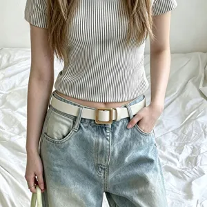 Damen PU Leder Hüftgürtel Mit Goldener Quadratischer Legierung Dornschließe Minimalistischer Weißer Dünner Gürtel Für Jeans Modeaccessoire