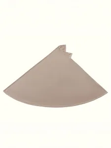 Flat lay of a light khaki triangular fabric with a satin-like sheen and gathered tie detail on white