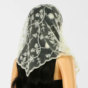 Back view of a beige triangular mesh scarf with vine and floral embroidery, scalloped lace edge