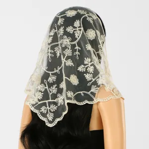 Back view of an ivory triangular lace veil with embroidered flowers and scalloped edges