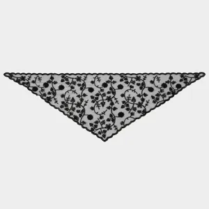 Black triangular mesh scarf laid flat, with floral vine embroidery and a scalloped border