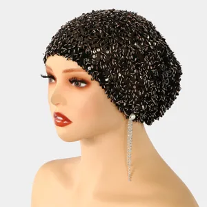 Handmade Heavy Beaded Lace Turban Hat For Women Glamorous Vintage Sequin Beanie With Rhinestone Pearl Tassels Evening Party Headwear
