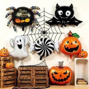 Halloween scene showing spider, bat, ghost, candy and pumpkin balloons against a web backdrop
