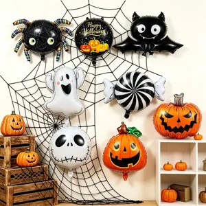 Halloween foil balloons shaped as spiders, bats, ghosts, pumpkins and candy hang on a web backdrop