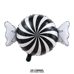 Ballon métallisé à spirales noires et blanches, en forme de bonbon rond avec des extrémités torsadées