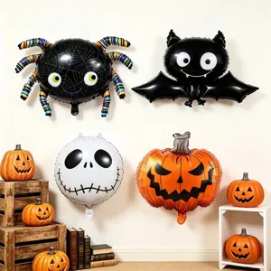 Wall display of foil balloons shaped like a spider, bat, skull and pumpkin for Halloween decor