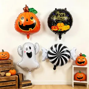 Four hanging Halloween foil balloons: orange pumpkin, black message, white ghost and swirl candy