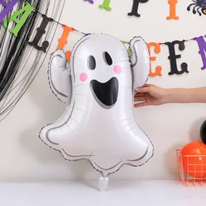 White foil ghost balloon with a smiling face displayed beneath colorful Halloween party lettering
