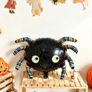 Ballon araignée noir métallisé, avec motif toile et pattes rayées colorées, décor d’Halloween