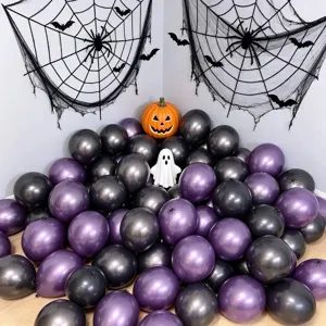 Halloween balloon set in glossy purple and black, displayed with spiderwebs, a pumpkin and a ghost
