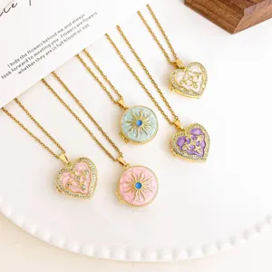 Collar Guardapelo de Fotos Vintage de Acero de Titanio para Mujer Colgante Corazón Redondo Esmalte Girasol Joyería de Cadena de Clavícula