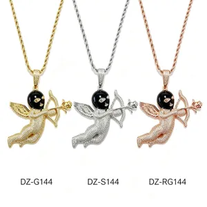 Hip Hop Iced Out Amor Engel Anhänger Halskette Für Herren Damen Messing Zirkonia Mikro-Pflaster Engel Flügel Schmuck Geschenk