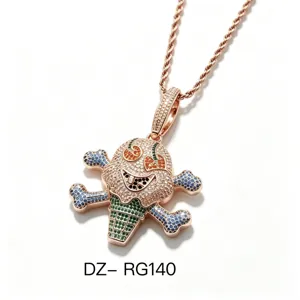 Hip Hop Cartoon Totenkopf Eiscreme Anhänger Halskette Kupfer Zirkonia Mikropflaster Iced Out Bling Schmuck Für Herren Damen Party Geschenk