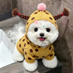 Perro pequeño con jersey amarillo de punto con lunares marrones y gorro a juego con pompón y trenzas