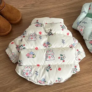 Gilet Imbottito per Animali Domestici Con Motivo a Fiori di Coniglio Con Attacco per Guinzaglio ad Anello a D Caldo Cappotto di Cotone Ispessito per Cani di Piccola Taglia per Autunno Inverno