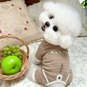 Striped Pet Dog Pajamas Four-Legged Jumpsuit Adjustable Knitted Cotton Clothes For Small Dogs Teddy Bichon Home Wear