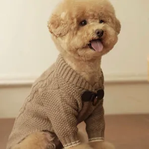 Cagnolino riccio con maglione beige a trecce, scollo a V e bottoni scuri, fotografato in casa