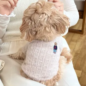 Vista trasera de un perro pequeño y rizado con una prenda de punto rosa claro y un oso bordado.