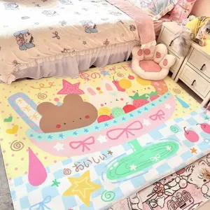 Pastel cartoon rug beside a bed, with bears, rabbits, dessert motifs, bows, stars and printed text