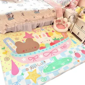 Pastel cartoon bedroom rug with a bear, rabbit, strawberries, bows and stars beside a bed
