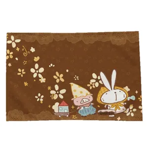 Brown cotton-linen placemat with cute rabbit, pig, flowers and lace border, shown flat