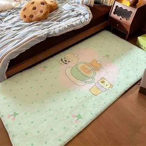 Bedroom view of a pale green dotted rug with cute bear, coffee cup and cherry motifs