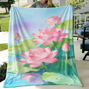 Manta de franela con estampado de flores de loto Manta de vellón suave para sofá cama viaje dormitorio adultos manta de chal decorativa