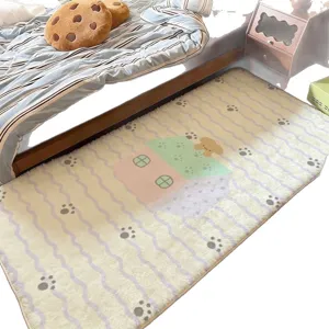 Cream plush bedside rug with purple wavy lines, paw prints, and a cute house and dog design