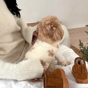 Close-up of a small dog wearing a cream plush sweater with brown spots in a cozy room