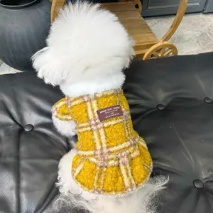 Vestido de Cuadros Amarillos para Perros y Gatos de Lana de Cordero Sintética Engrosado Cálido Falda para Cachorros Teddy Bichon Mascotas Otoño Invierno