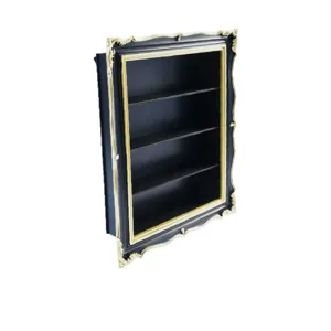 Ornate black and gold wall-mounted display cabinet with four shelves, shown at an angle