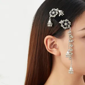 Ethnic Style Rhinestone Flower Tassel Bell Hair Clip For Women Indian Vintage Zinc Alloy Hair Accessory Party Jewelry