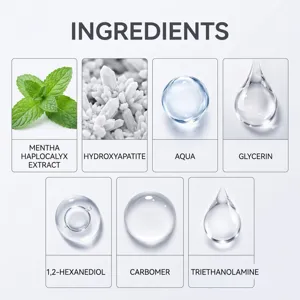Ingredient chart listing mint extract, hydroxyapatite, water, glycerin, and three other components
