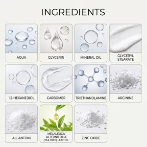 Schema degli ingredienti con etichette, tra cui glicerina, olio di tea tree e ossido di zinco
