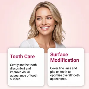 Smiling blonde woman above cards describing tooth care and surface modification against pink