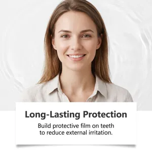 Smiling woman beside text stating a protective film on teeth helps reduce external irritation