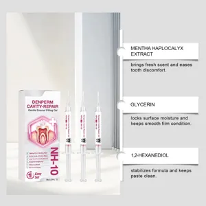 White box with pink tooth graphics beside three dental care gel syringes on a clean background