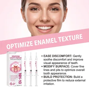 Dental care gel syringes and box beside a smiling woman, with a pink enamel texture banner
